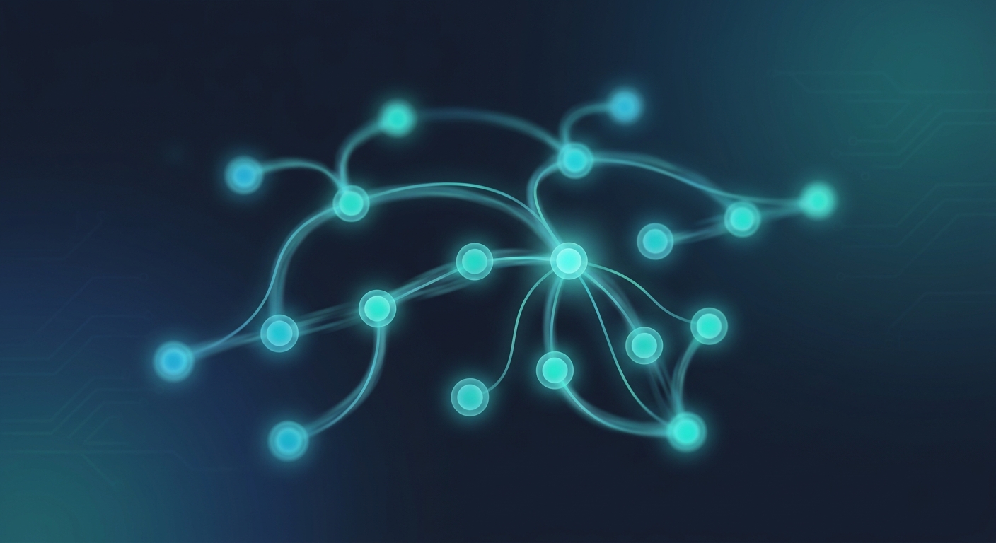 A glowing teal node graph floating over a dark navy background — luminous nodes connected by curved bezier edges representing the Faster Motion runtime