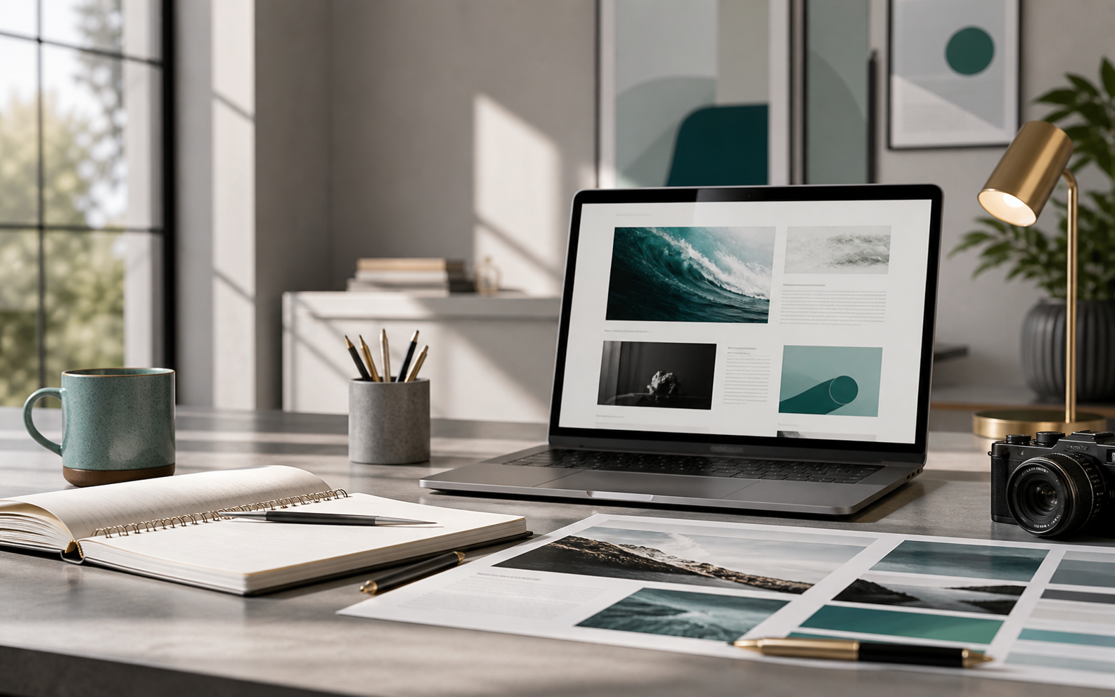 Editorial publishing workspace with laptop, article layouts, and creative planning materials
