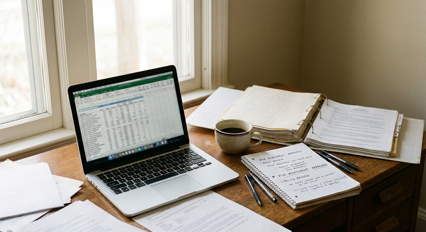 An underwriter's desk in late morning light with a laptop, coffee cup, and binders — representing the cannabis underwriting process