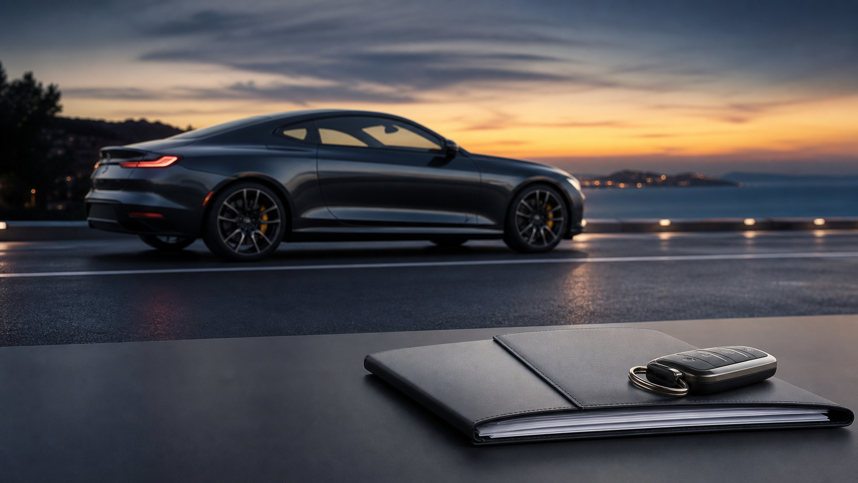 A dark luxury sports coupe with insurance documents, representing Porsche Auto Insurance coverage options.