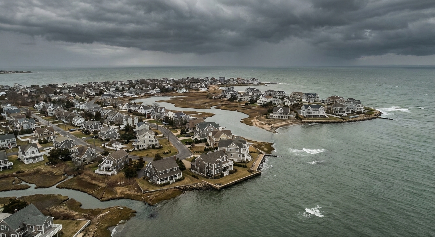 Aerial view of Connecticut coastal neighborhood showing homes near waterways with potential flood risk