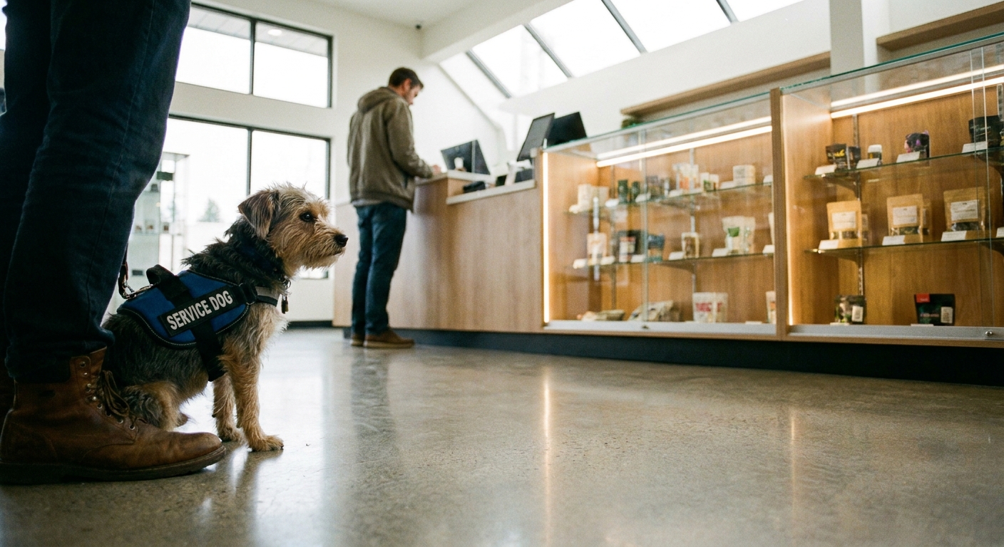 A calm service dog in a vest sitting beside its owner's feet inside a brightly lit retail space.