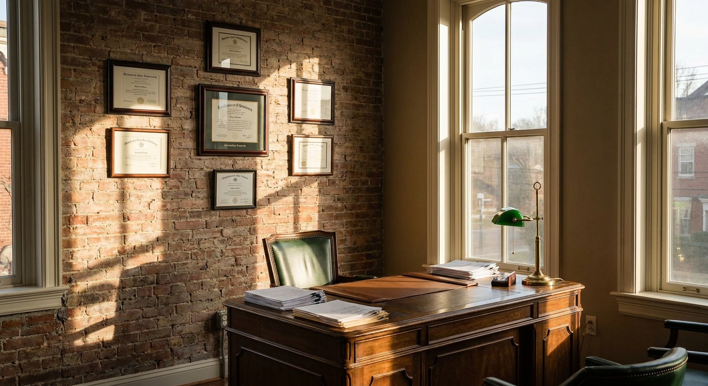 A professional independent insurance broker office in New England — exposed brick, wooden desk, framed appointment certificates on the wall, late afternoon natural light