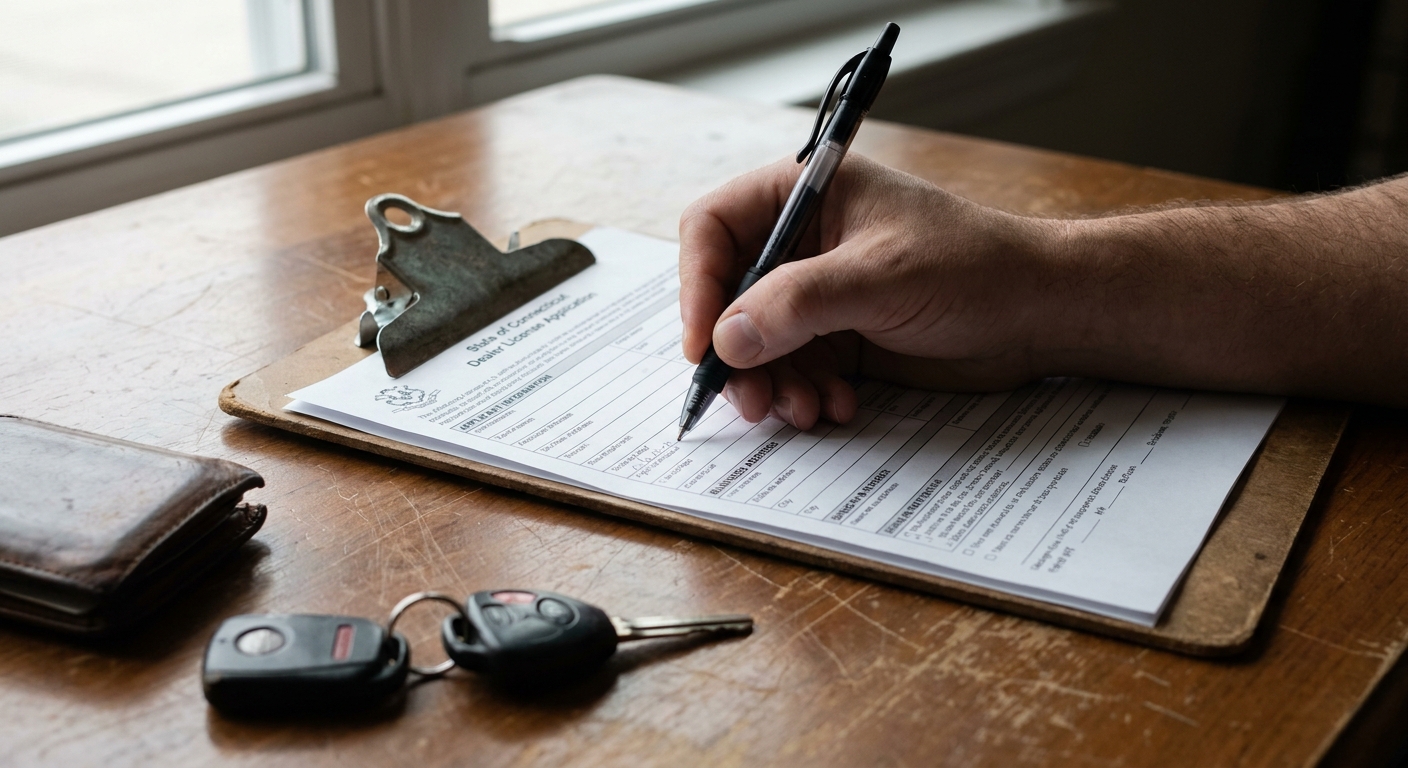 Hand filling out a Connecticut dealer license application form with a black pen on a clipboard at a wooden desk