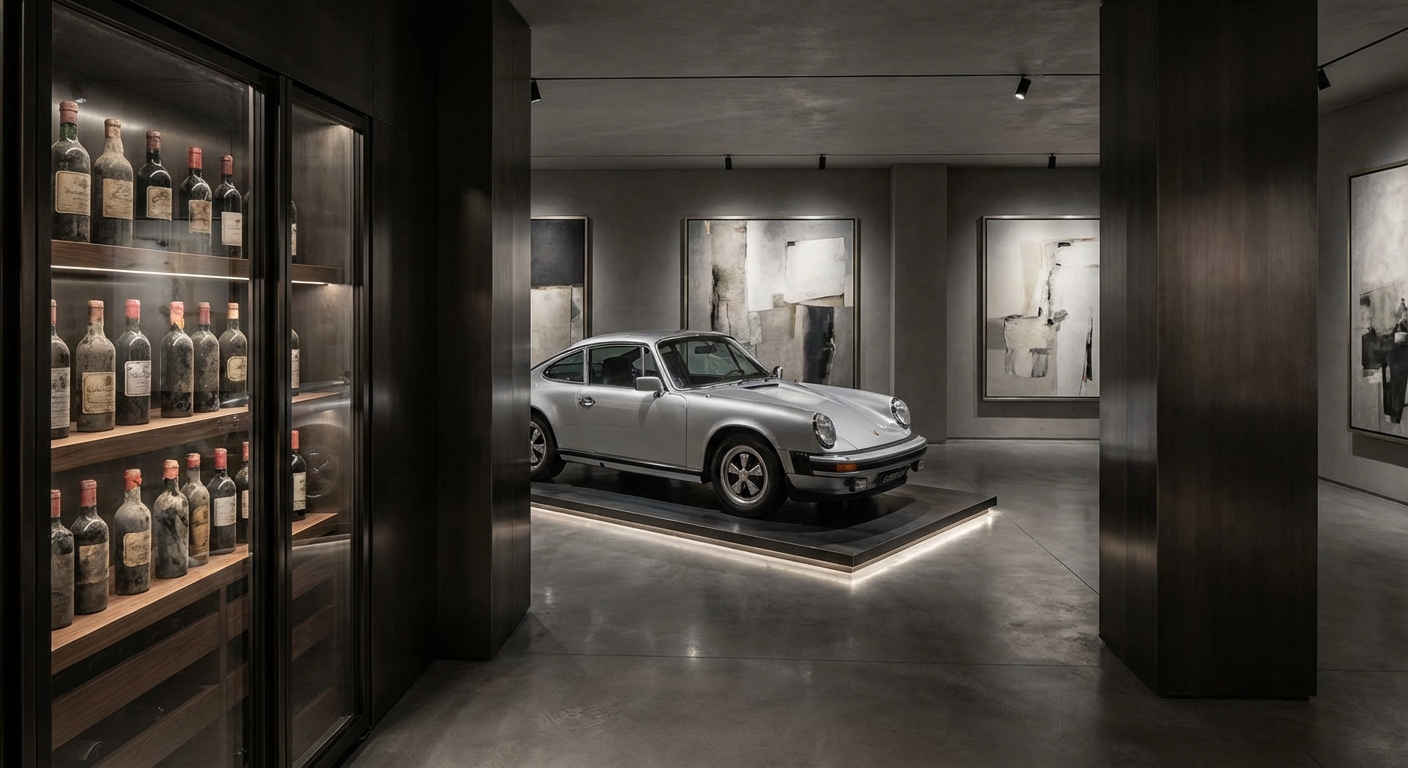 Luxury collectible items including vintage car, wine collection, and fine art in a gallery setting