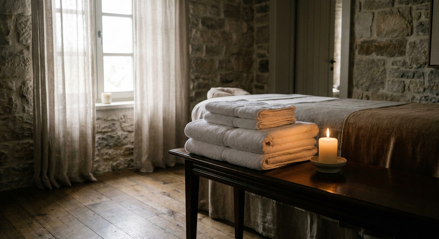 Boutique hotel spa treatment room with folded towels and candle, daylight from window