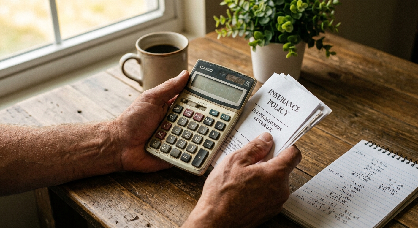Hands holding a calculator and insurance policy documents while reviewing cannabis insurance premiums