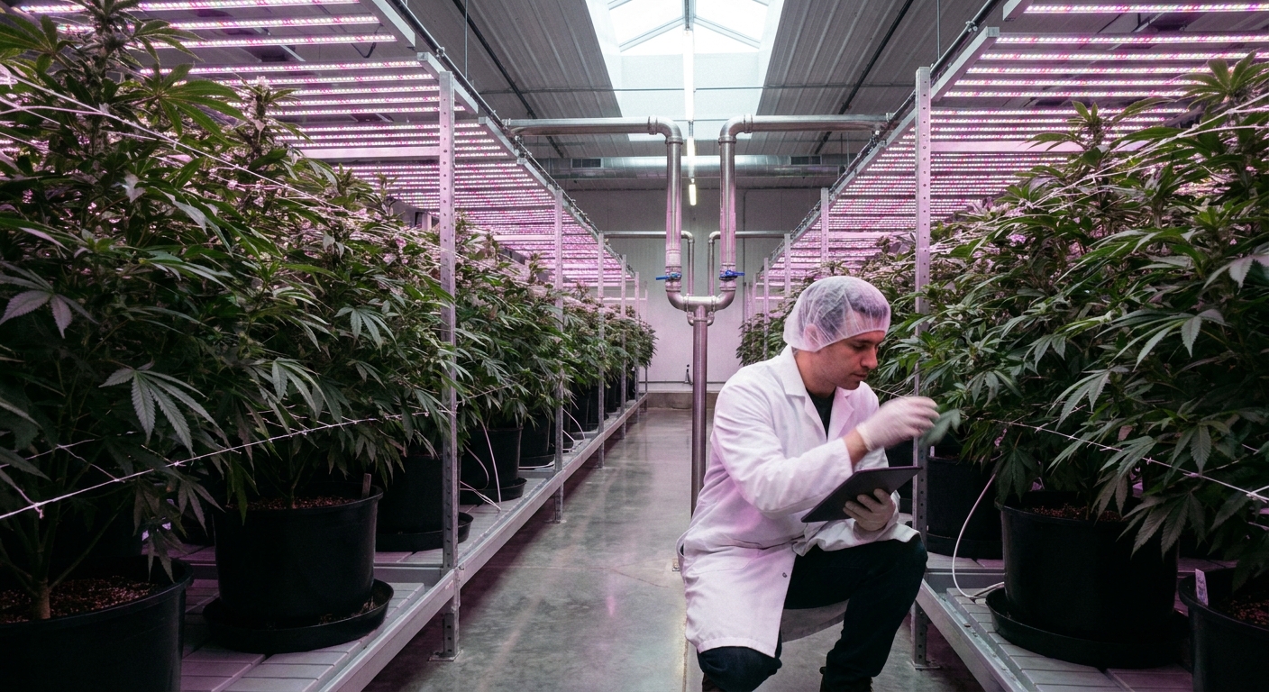 Modern indoor cannabis cultivation facility in Connecticut with worker inspecting plants