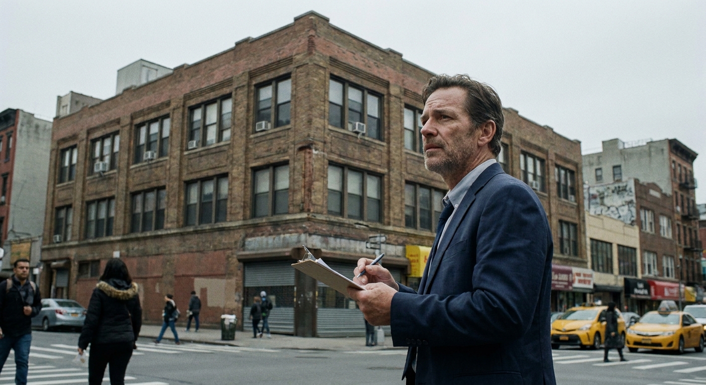 Business professional examining a commercial building during due diligence