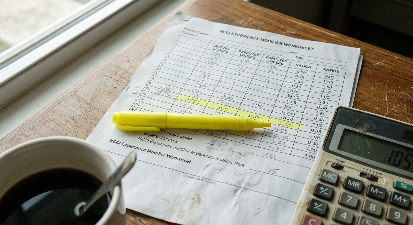 Macro photograph of an NCCI experience modifier worksheet showing actual losses, expected losses, ballast value, and the experience rating calculation for a Connecticut business