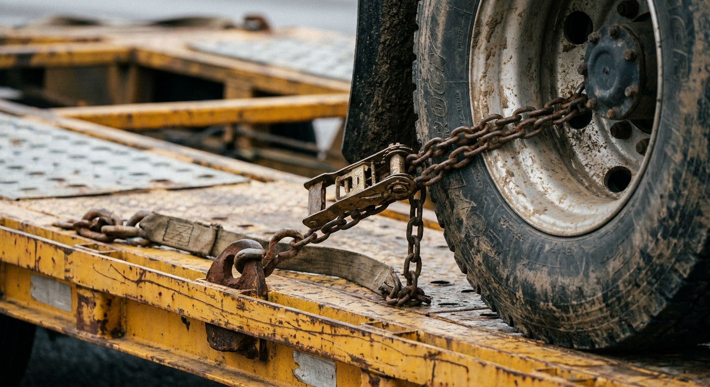 Close-up of chain tie-down securing a vehicle on an auto transporter trailer