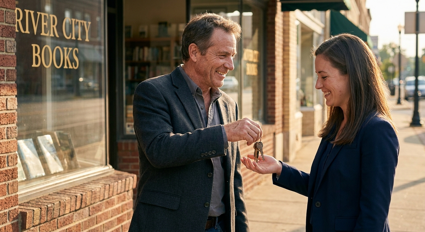Business owner handing keys to new owner outside a small business storefront