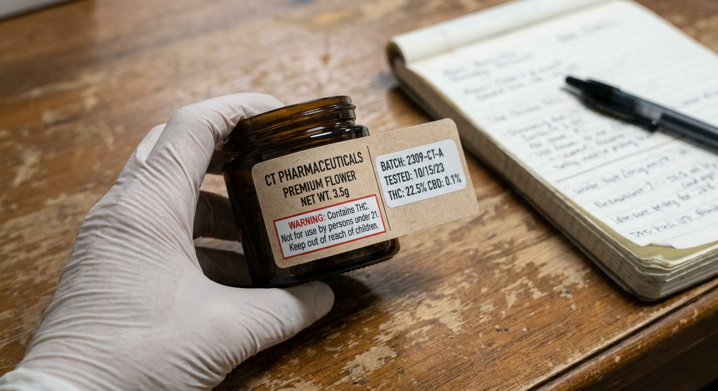 Close-up editorial photo of cannabis product packaging being inspected during quality control