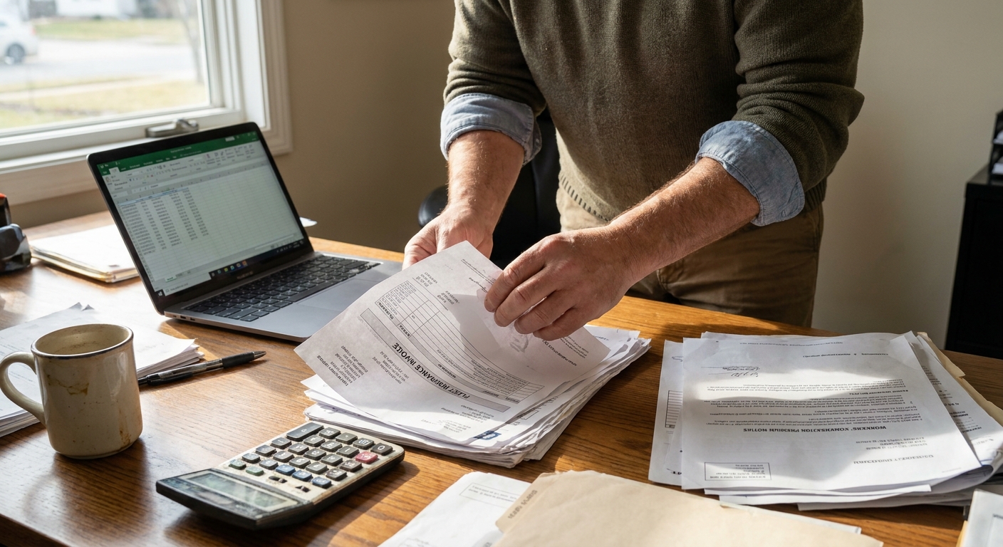 Contractor's accountant reviewing fleet insurance invoices and workers compensation premium notices