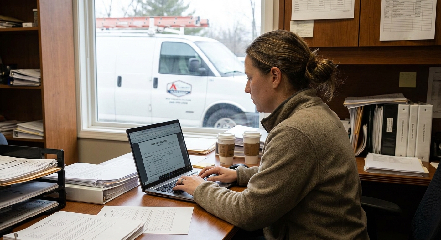 Electrical contractor logging VIN and vehicle details into a laptop for an insurance update