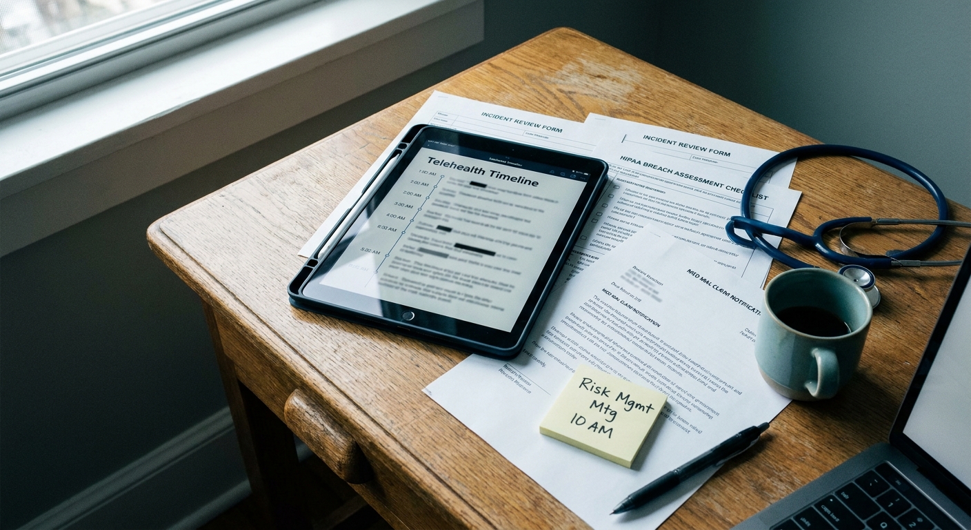 A telehealth claim documentation desk showing a redacted visit timeline on a tablet, an incident review form, a HIPAA breach assessment checklist, a Med Mal claim notification letter, and a stethoscope