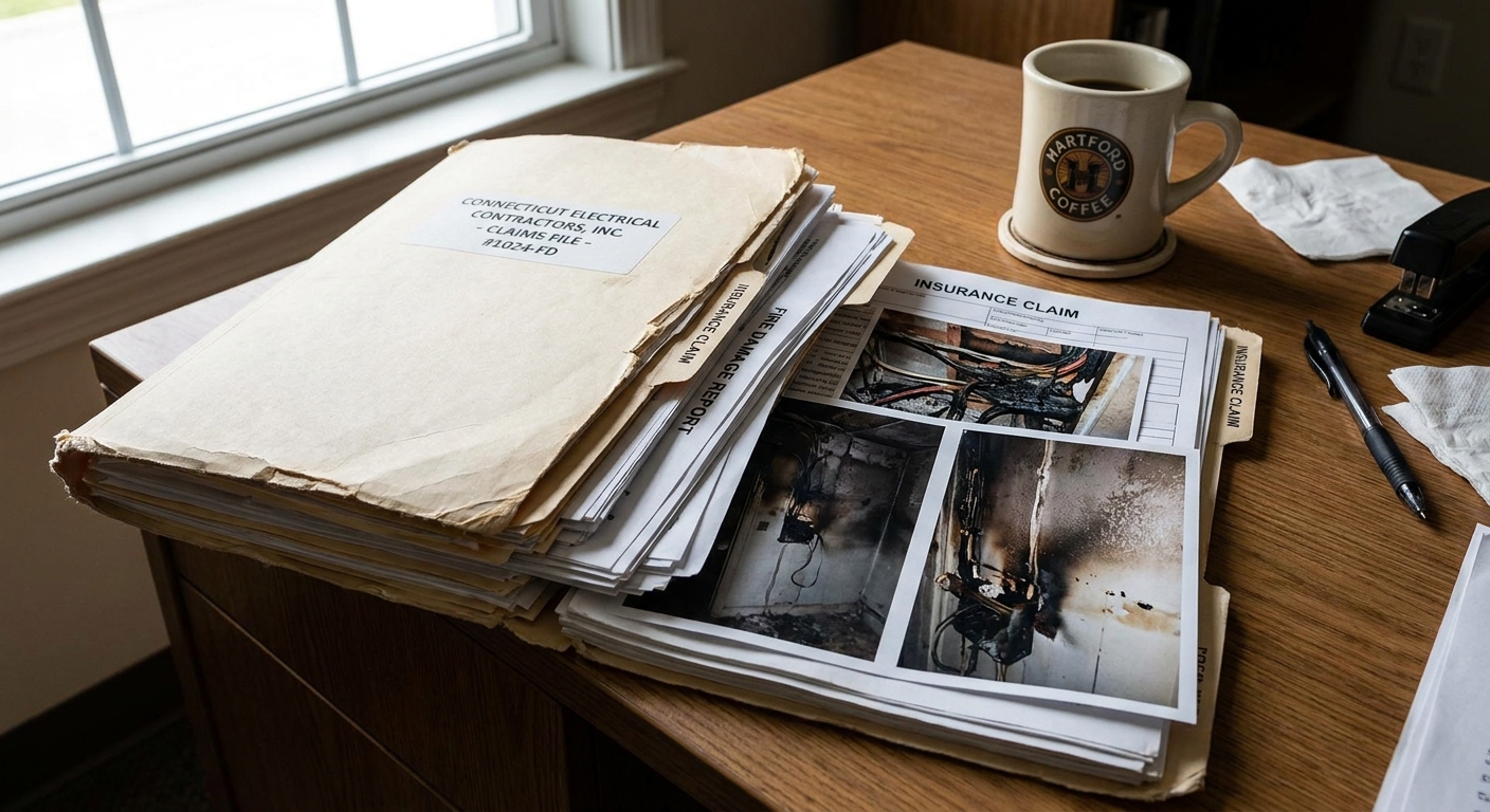 Insurance claims folder with photos, fire report, and inventory documents on a desk