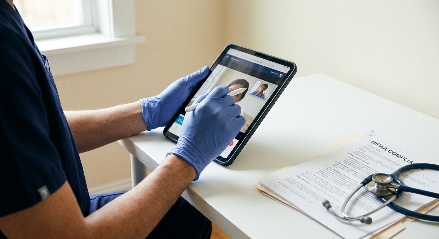 A clinician reviewing a telehealth platform on a tablet with HIPAA compliance documents and a stethoscope on a clean desk