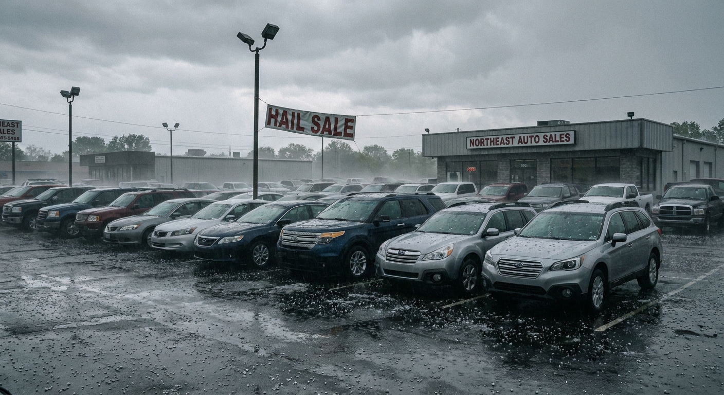 Hailstorm damage on a used car dealer lot in Connecticut showing dented hoods and broken windshields