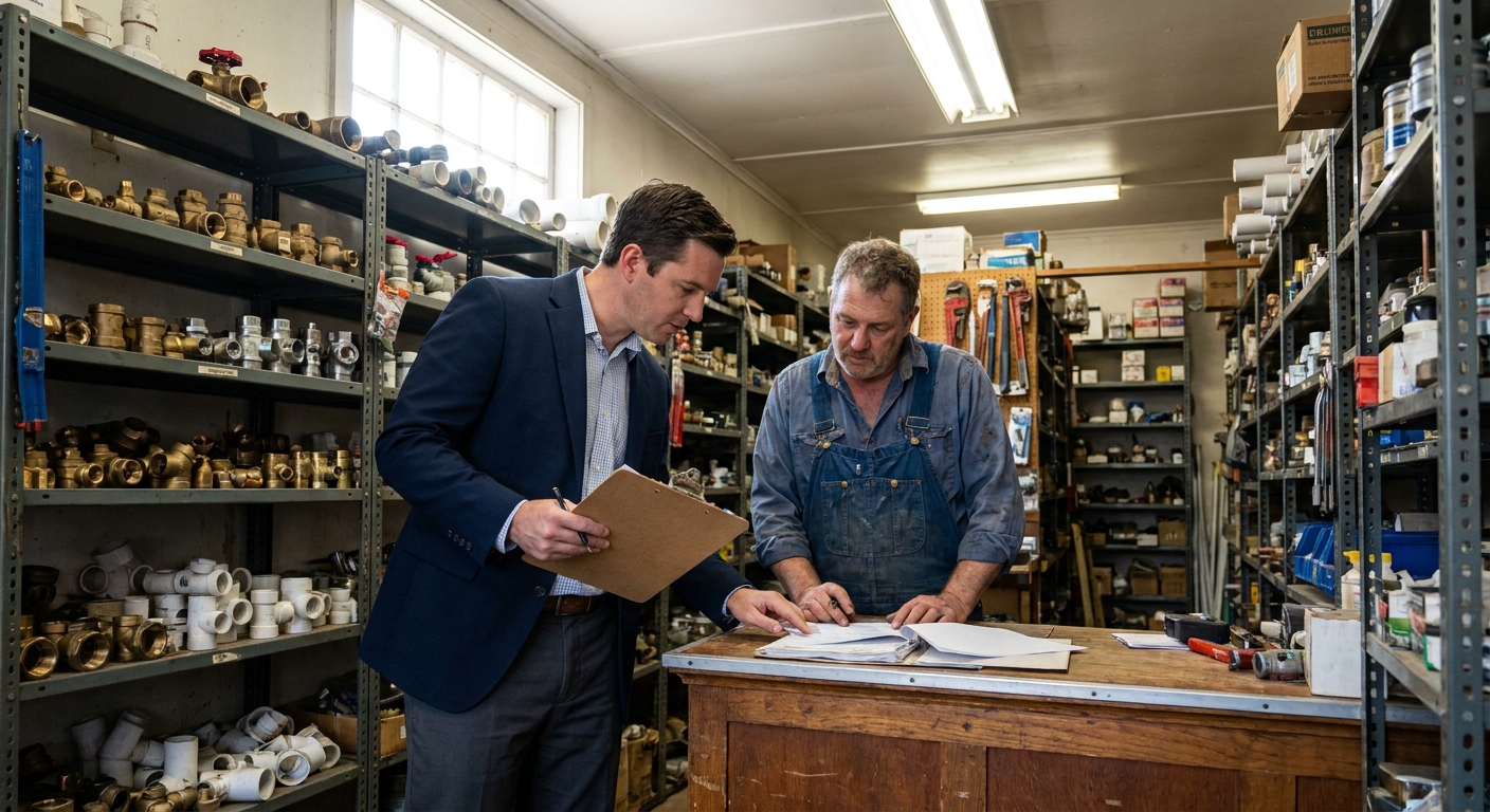 A Federated risk consultant reviewing a clipboard with a plumbing contractor next to a service van.