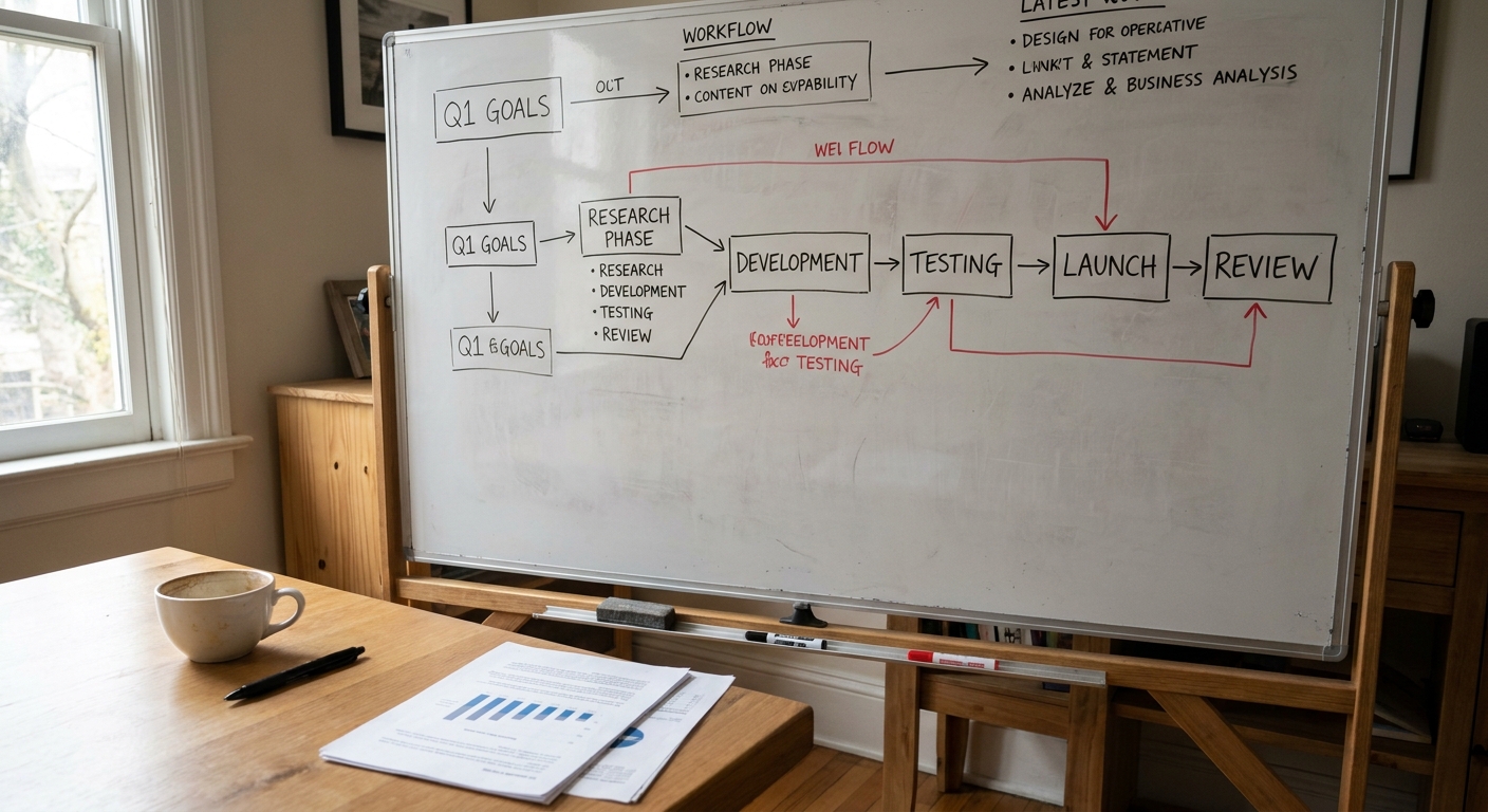 A workflow diagram with handwritten stages and arrows on paper, with a coffee cup and pen nearby — representing the cannabis insurance underwriting workflow
