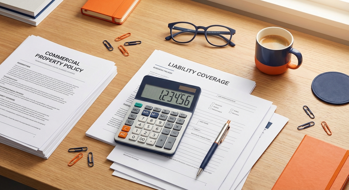 Overhead view of a desk with commercial insurance policy documents, calculator, pen, and coffee — representing premium review