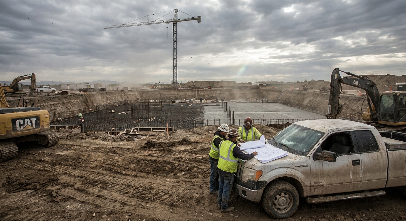 Ground-up commercial construction site with tower crane, excavated foundation, and workers reviewing plans