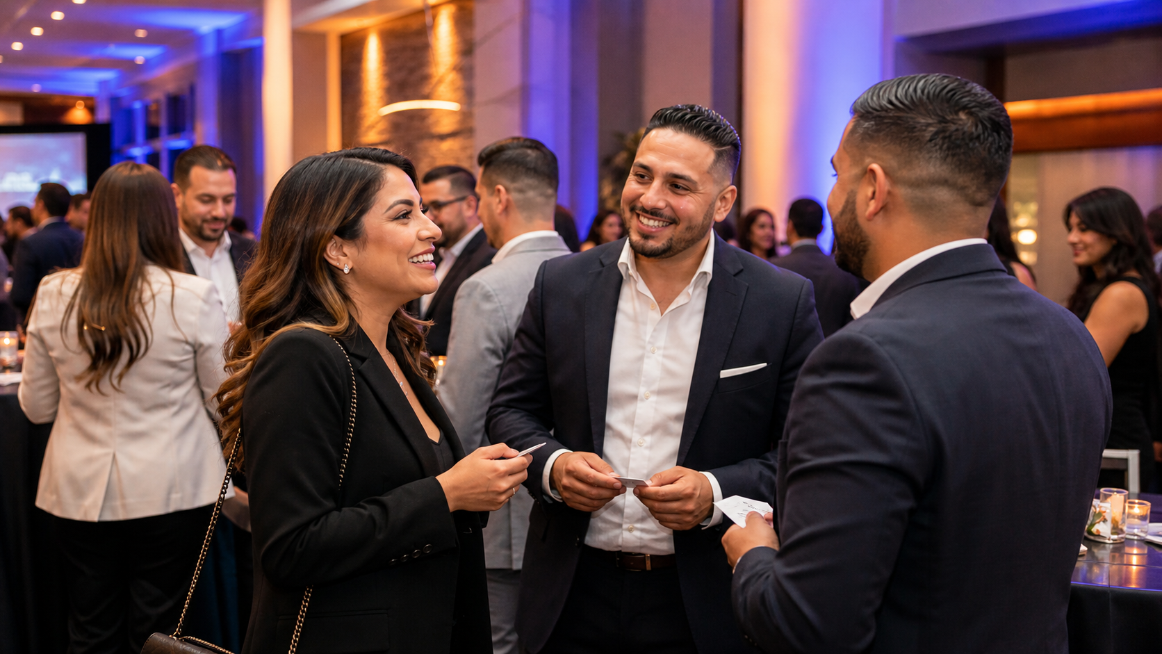 Entrepreneurs networking at an upscale evening business event