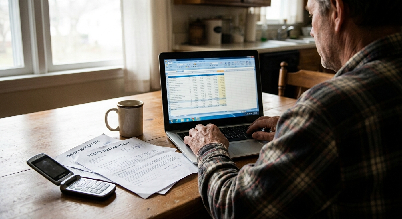 Owner-operator at a kitchen table reviewing insurance quotes on a laptop with paper documents and coffee — comparing owner-operator versus fleet trucking insurance