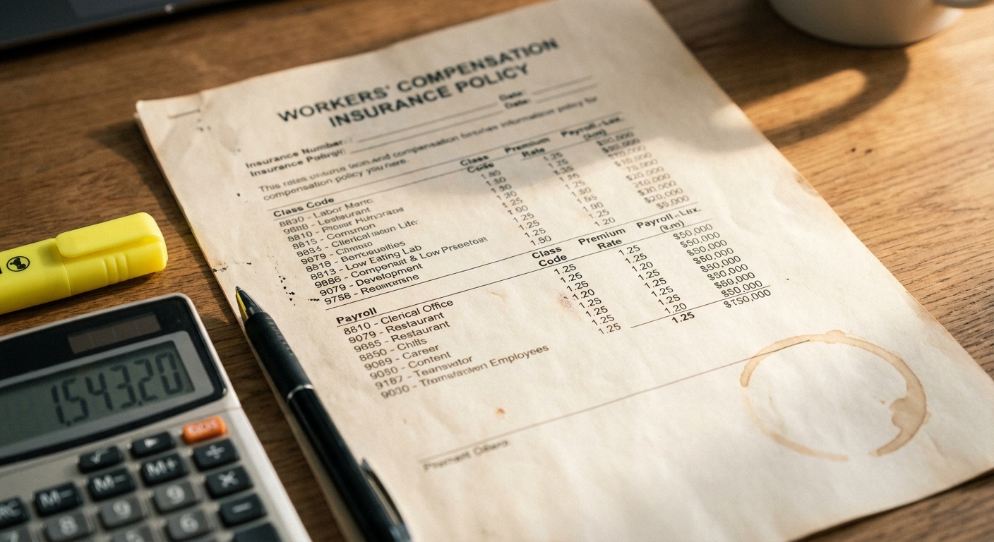 Close-up of a Connecticut workers compensation insurance policy showing NCCI class codes, payroll, and per-$100 rates being reviewed during a class-code audit