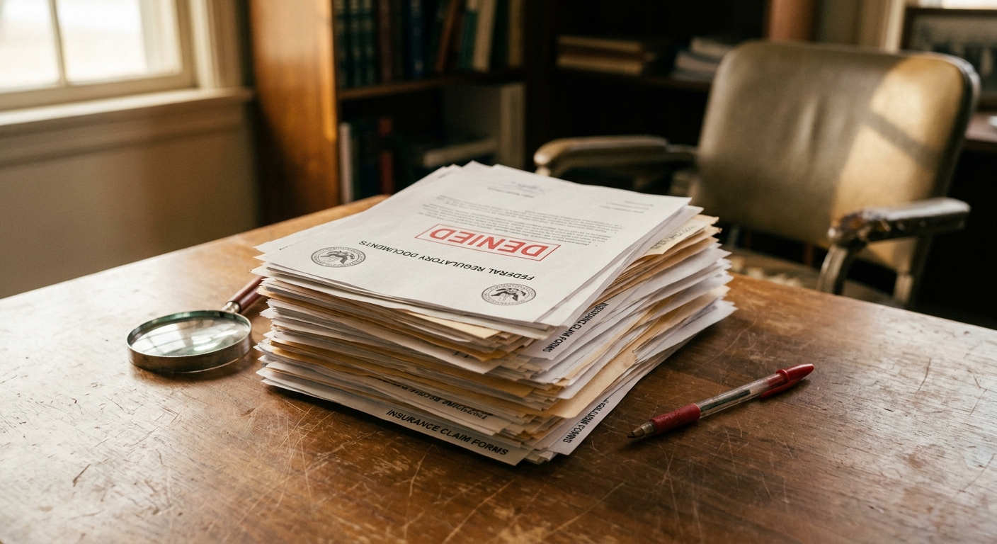 A stack of denied insurance claim letters and federal regulatory documents on a wooden desk with a magnifying glass