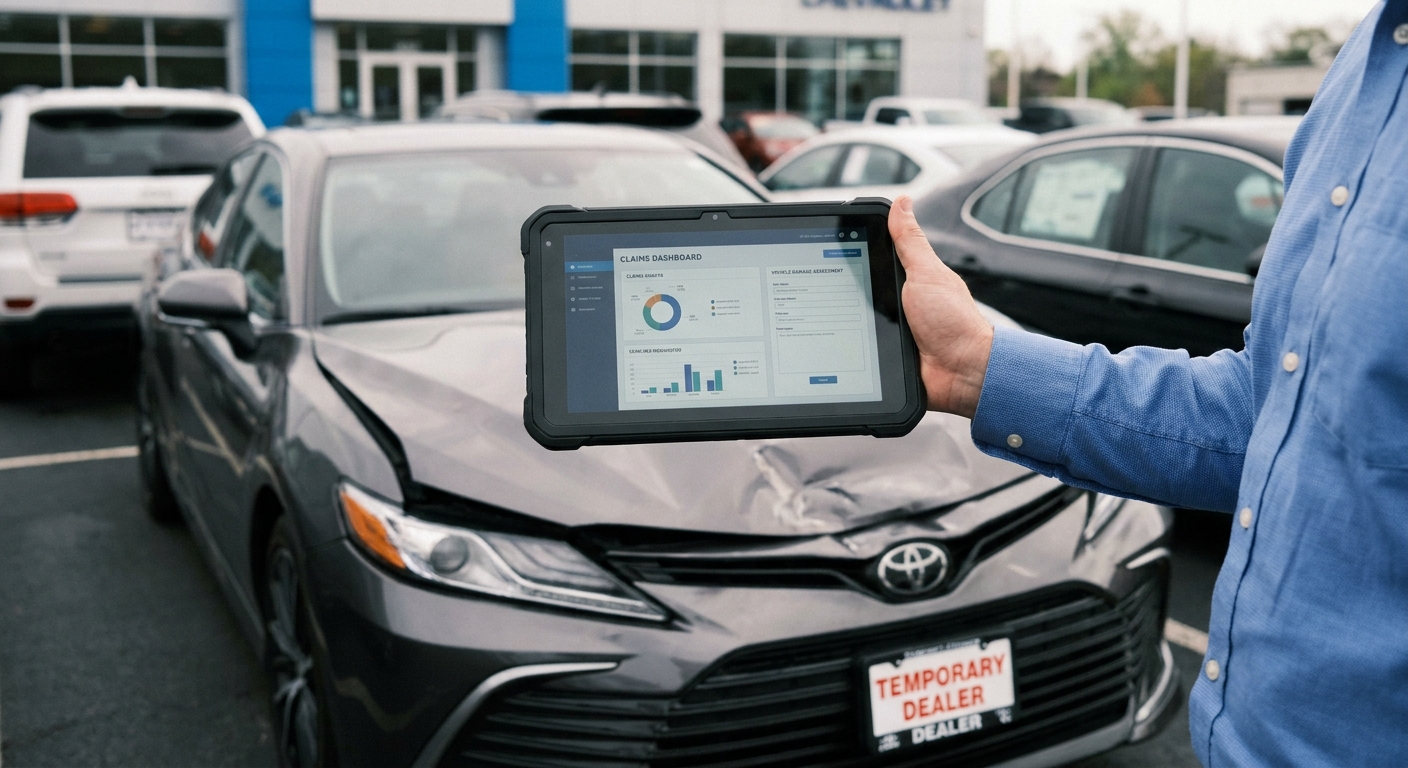 Insurance claims adjuster reviewing a dealer claim file on a tablet in an office