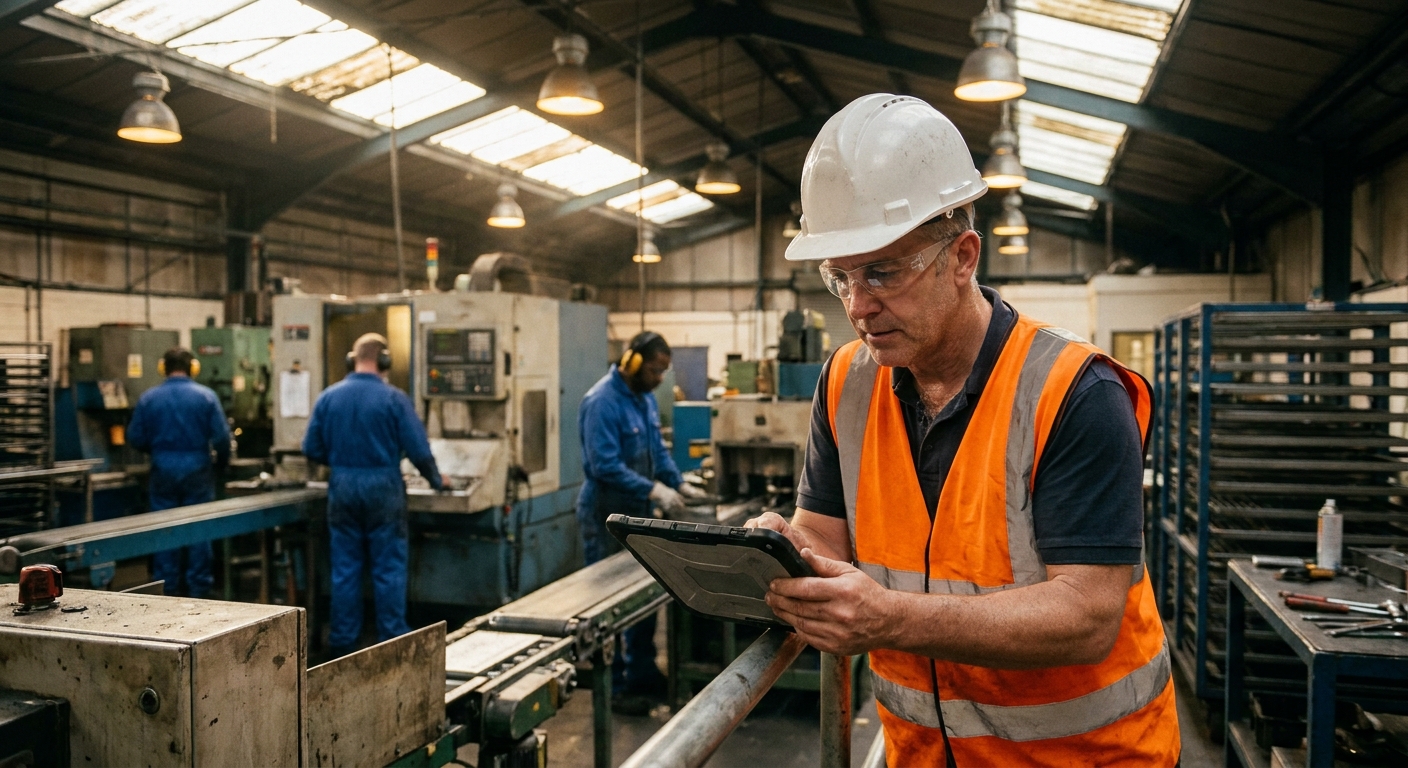 Hartford Connecticut manufacturing supervisor reviewing workers compensation claims data and experience modifier with an HR director on the shop floor
