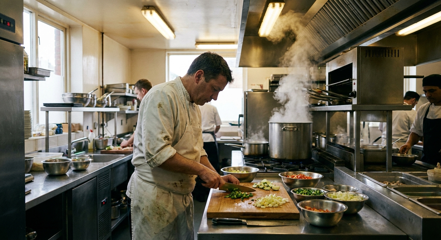 Hotel chef working in a commercial kitchen with stainless steel surfaces and steam from cooking