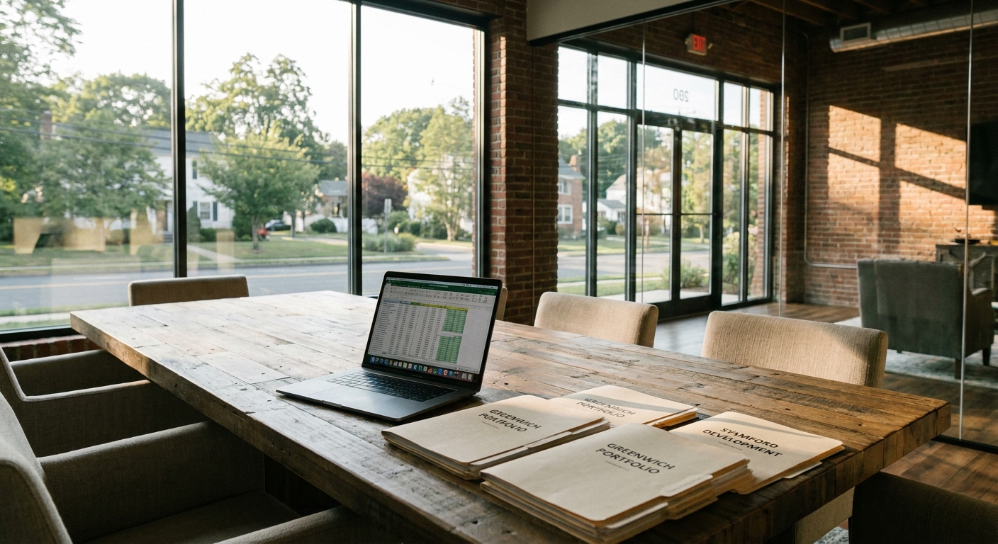 A modern Connecticut commercial real estate brokerage office interior with conference table and property folders