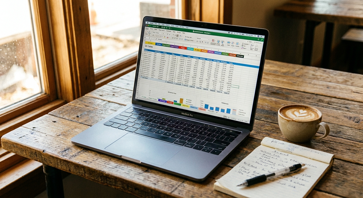 An open laptop on a wooden desk showing a colorful spreadsheet with multiple tabs.