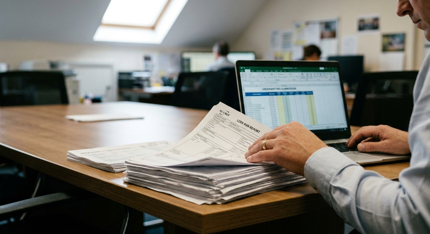 Hotel manager reviewing a stack of ACORD applications and 5-year loss runs at a conference table prior to a specialty insurance submission
