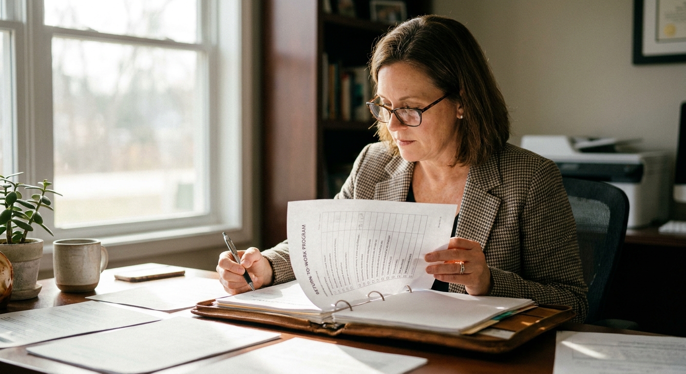 HR manager at a Connecticut business reviewing a return-to-work program document and modified-duty role descriptions for an injured employee