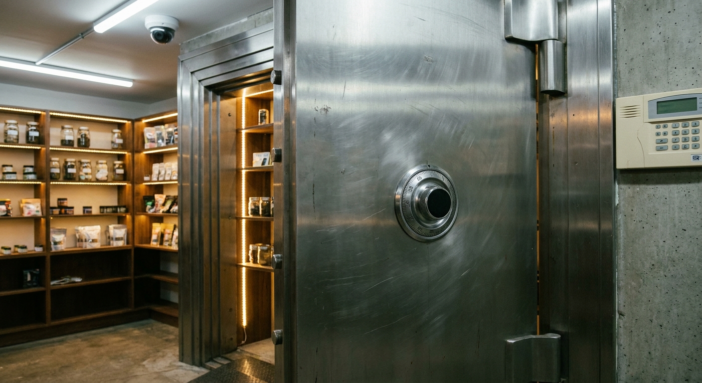 Connecticut cannabis dispensary vault interior with security camera and alarm panel