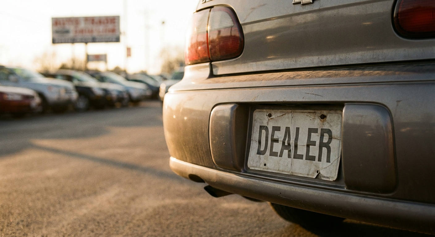 Close-up of a paper dealer license plate affixed to the rear of a used sedan at a dealership lot during golden hour