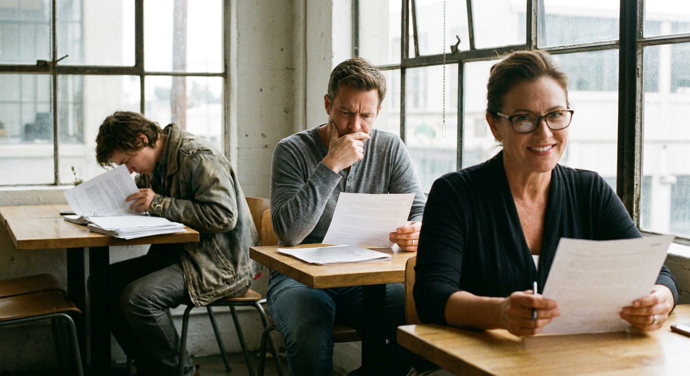 Three business owners at different tables reviewing documents with different expressions