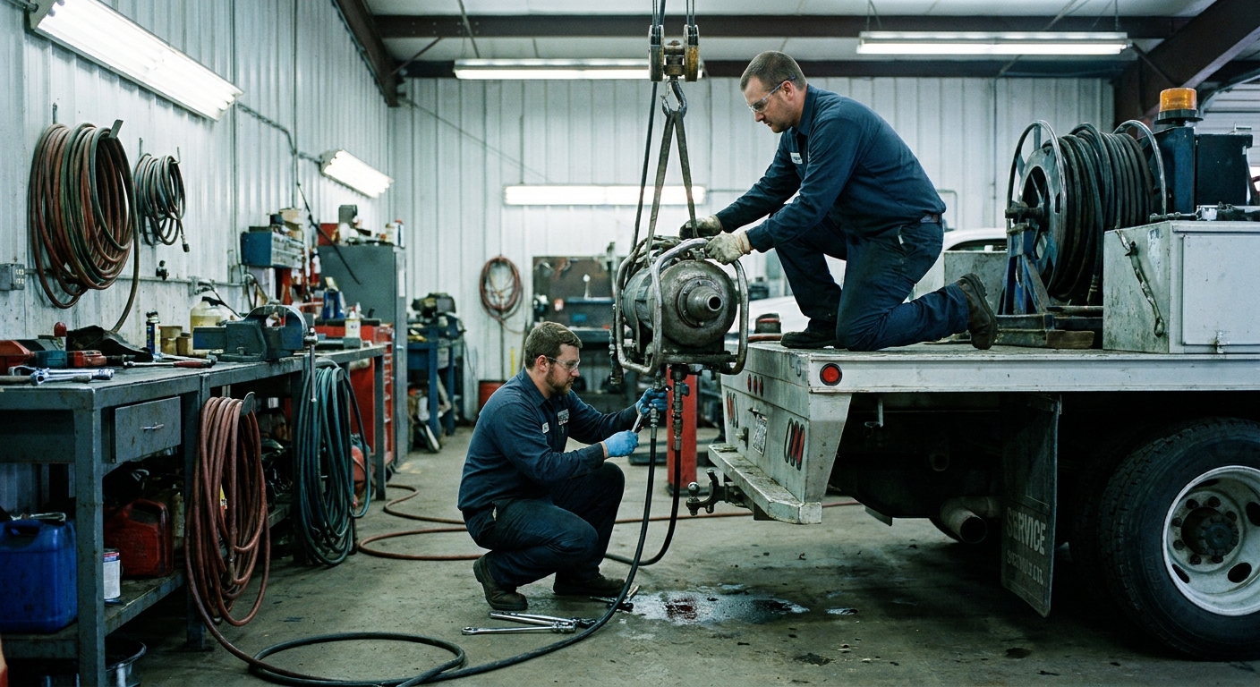 Plumbing technicians installing a new jetter package on a truck chassis at a equipment dealer.