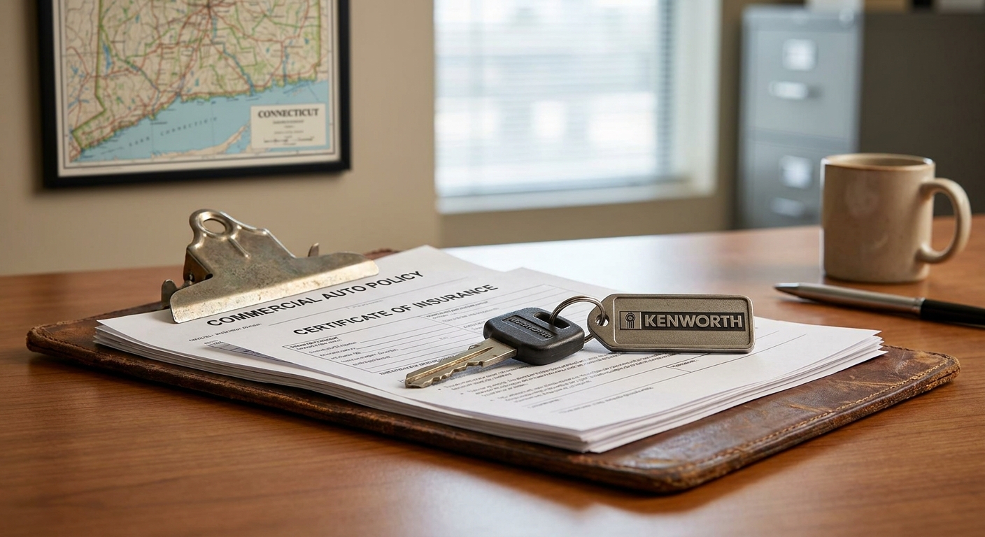 Insurance documents and truck key on a desk with Connecticut state map