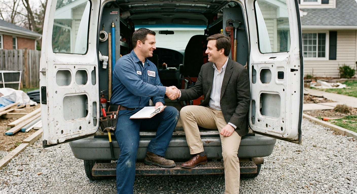A plumbing contractor shaking hands with an insurance agent next to a fleet of company vans.
