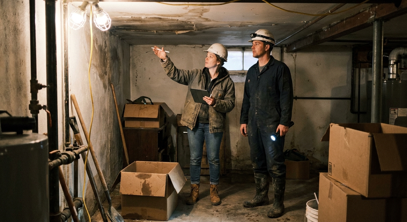 An insurance adjuster reviewing a damage report with a plumbing contractor on-site after a sewer backup claim.