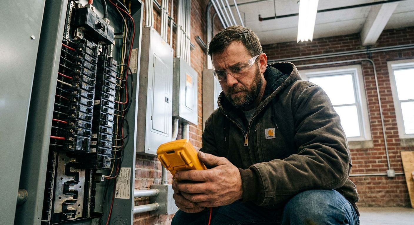 Electrician in safety glasses working at an open electrical panel using a voltmeter