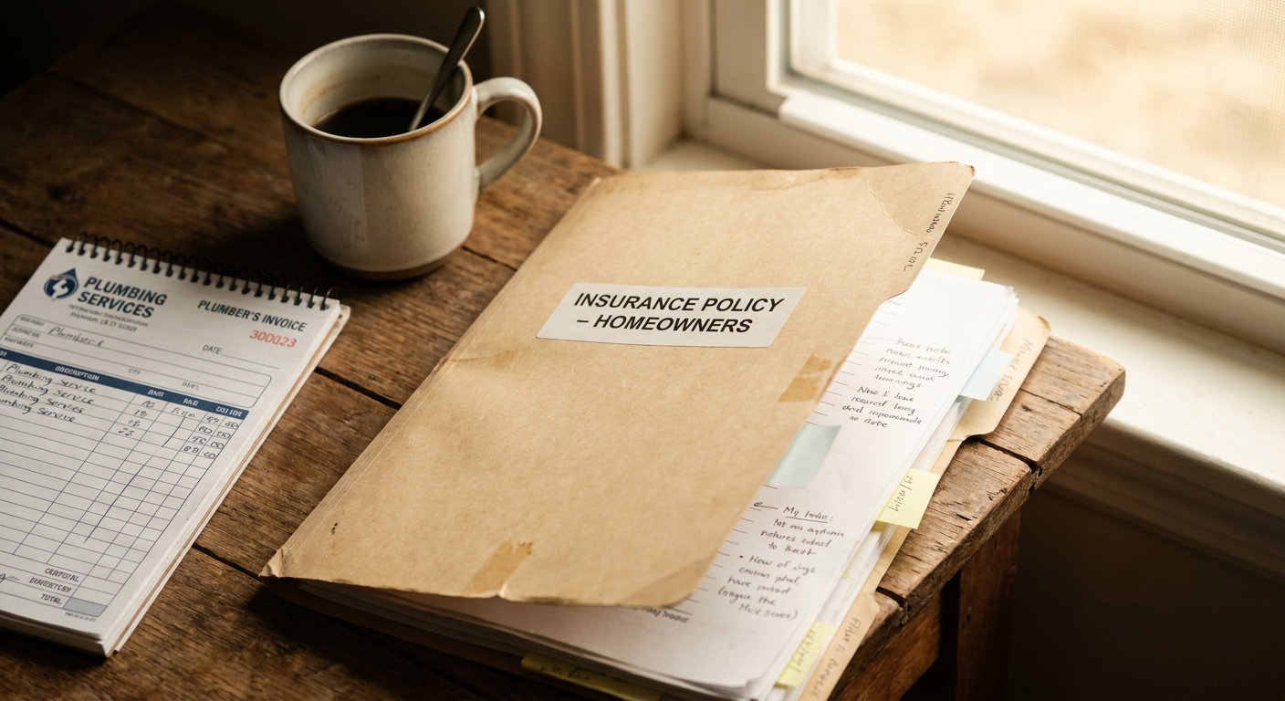 Open insurance policy folder with handwritten notes on a contractor's desk