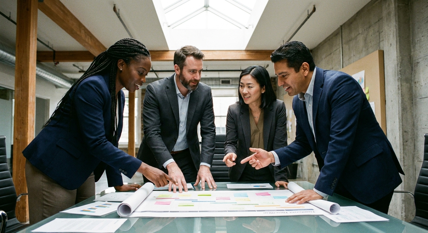 Business team reviewing a deal timeline with charts and sticky notes in a conference room