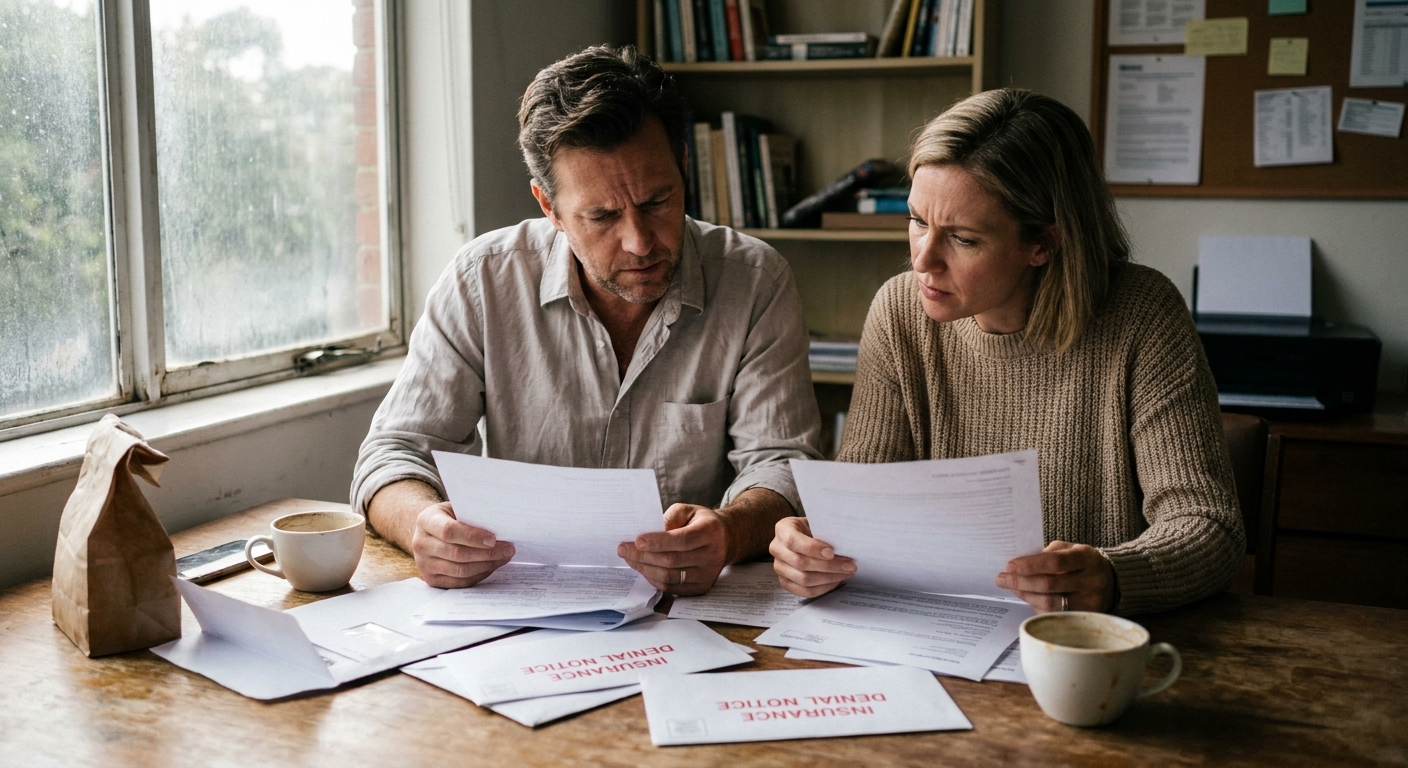 Two business owners reviewing insurance denial letters at a wooden table in a small office — illustrating the post-loss claim review and dispute phase