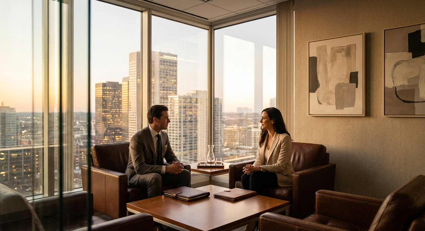 Two professionals in a luxury office meeting overlooking city skyline at sunset